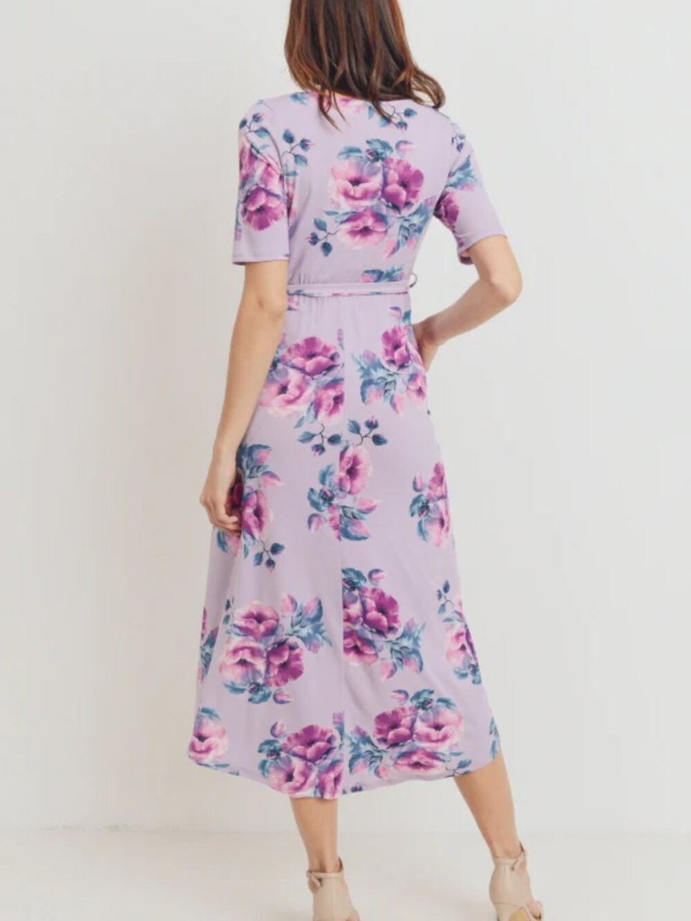 Floral High Low Faux Wrap Maternity & Nursing Dress - Lavender Size M - Picture 10 of 16
